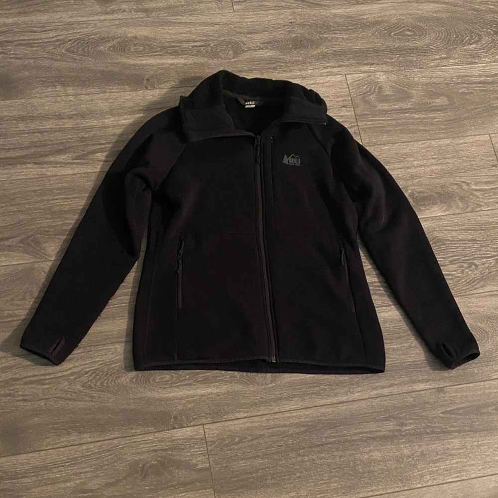 REI - Black Full Zip Fleece Hooded Jacket - Size M